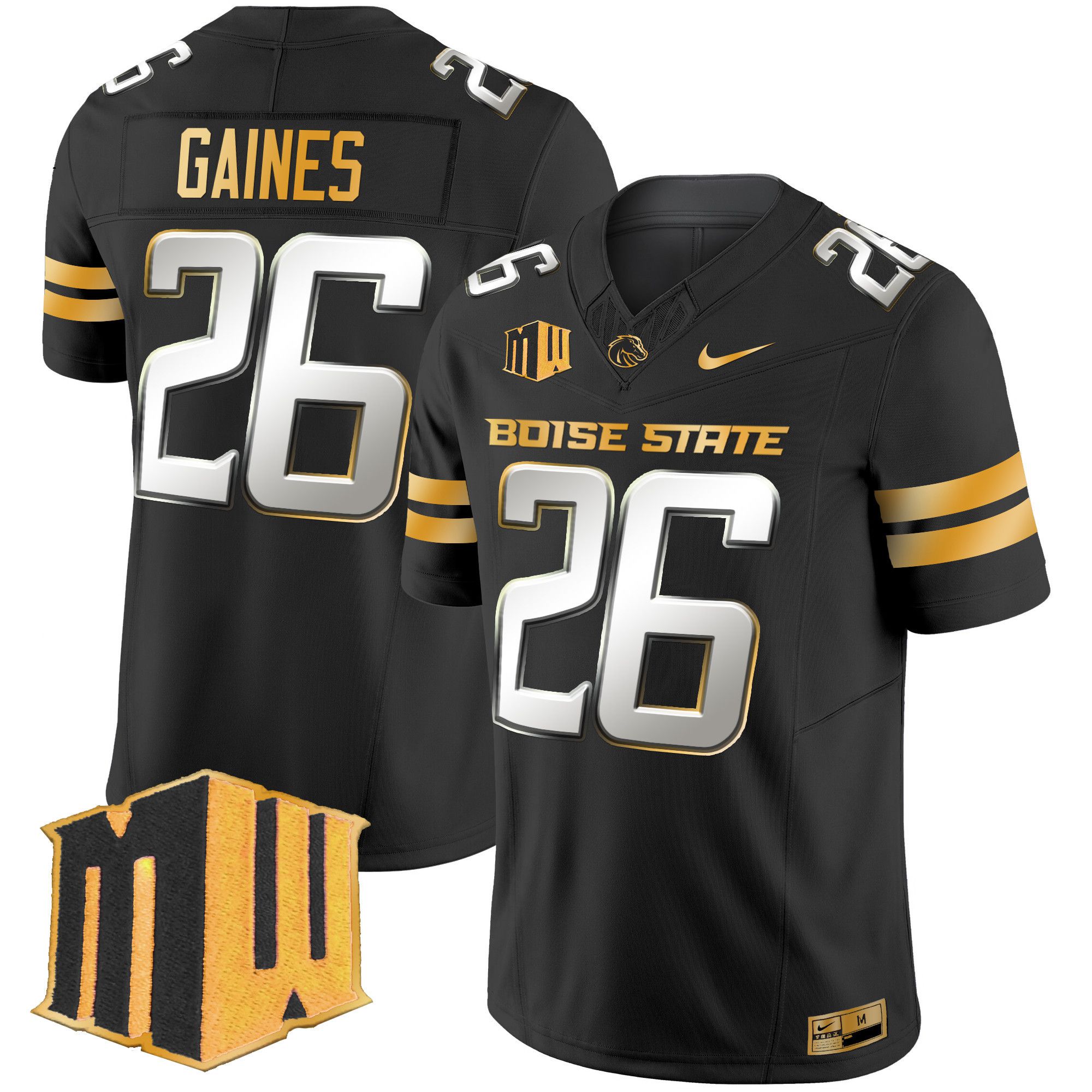 Men Boise State Broncos #26 Gaines Black Nike 2024 Gold Vapor Limited NCAA Jersey